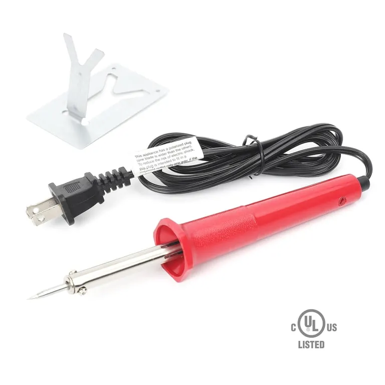Adjustable soldering iron with three thicknesses of automotive wire on a workbench