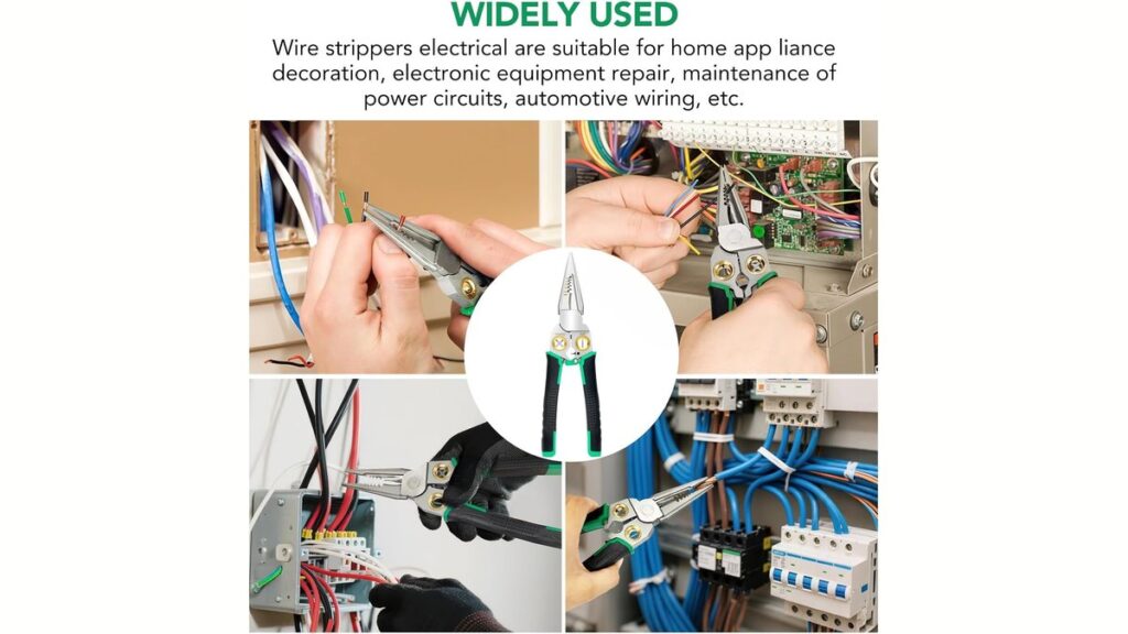 Automatic wire strippers with blue grips on a workbench beside automotive wire