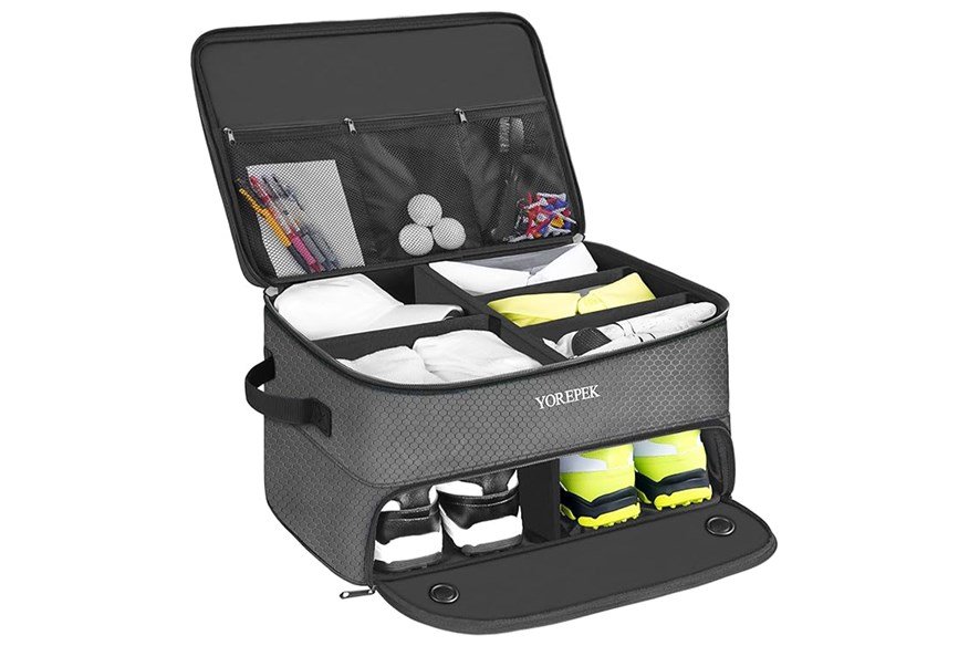 Black Friday trunk organizer open in a car trunk on a bright morning