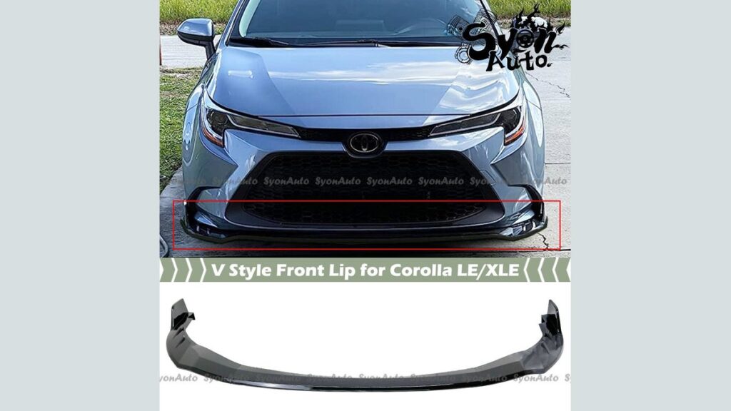 Black front bumper lip on a Toyota Corolla in natural daylight