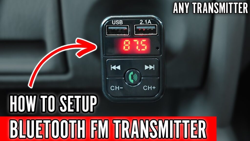 Bluetooth FM transmitter plugged into Toyota Corolla dashboard for wireless audio.