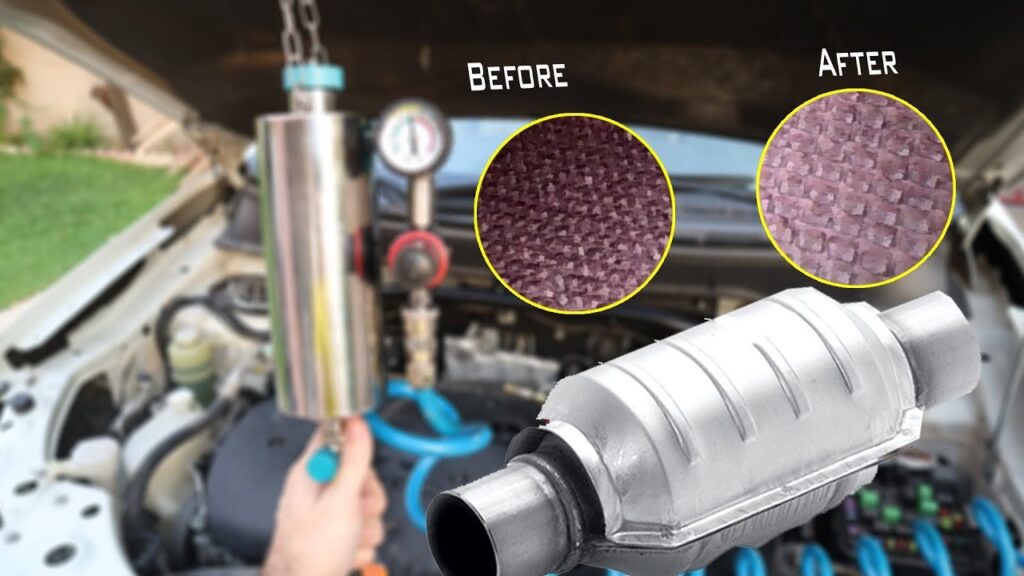 Catalytic converter cleaner bottle beside a white sedan with open hood in a garage