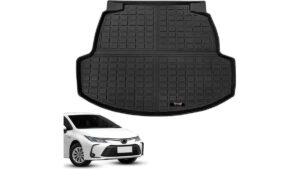 Custom black trunk liner fitted inside an open Toyota Corolla trunk