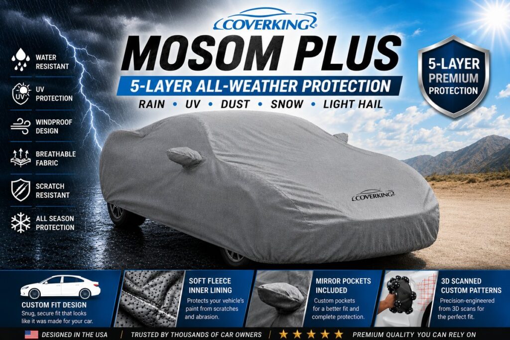 Custom-fit car cover on a Toyota Corolla in soft golden-hour light.