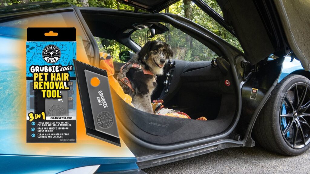 An ergonomic dog hair remover brush resting on the seat of a Toyota Corolla.