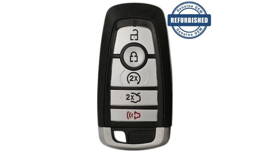 A Ford Fusion smart key fob inside an open Faraday bag.