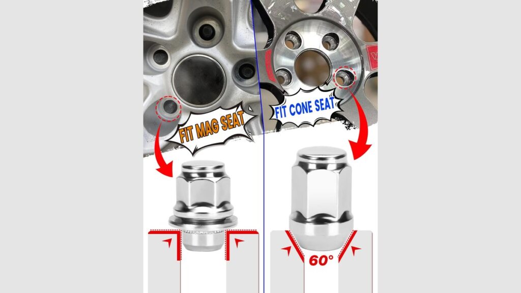 Four chrome lug nuts for Toyota Corolla lined up on a workbench