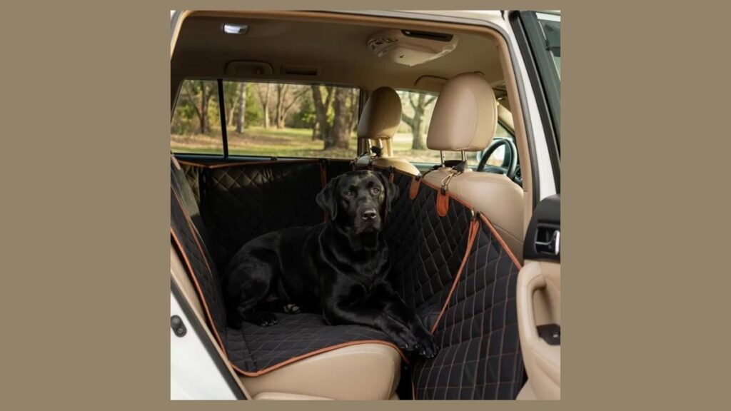 A golden retriever sits on a durable dog seat cover inside a Toyota Corolla.
