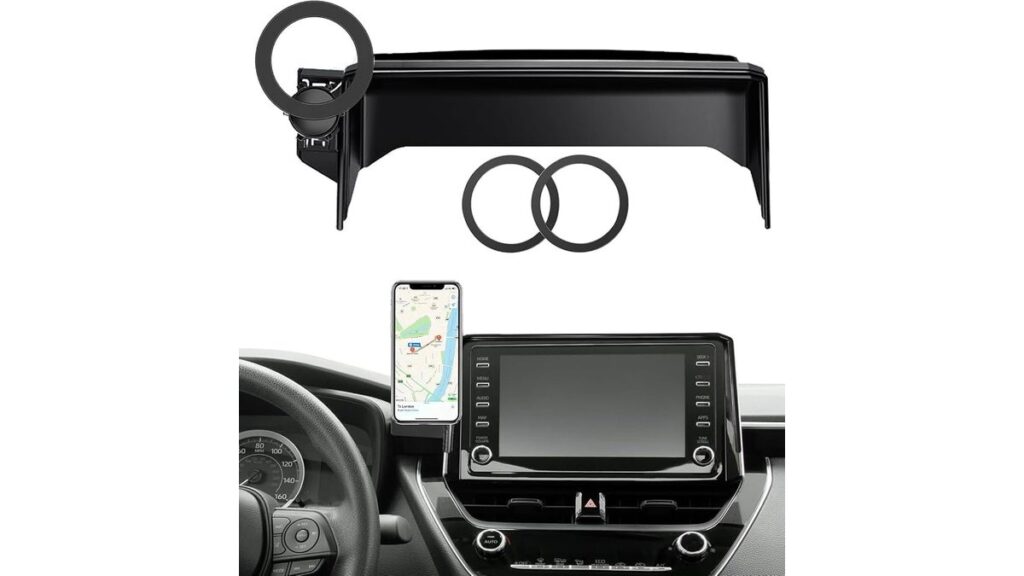 Magnetic phone mount holding a smartphone on a Toyota Corolla dashboard.