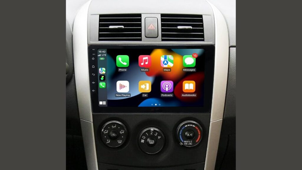 Modern touchscreen stereo head unit installed in a Toyota Corolla dashboard.