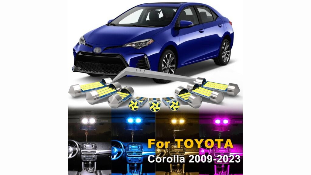 A modern Toyota Corolla cabin illuminated by a clean interior LED light kit.