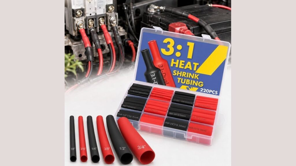 Open heat shrink tubing kit with colourful tubes and crimping pliers on a workbench