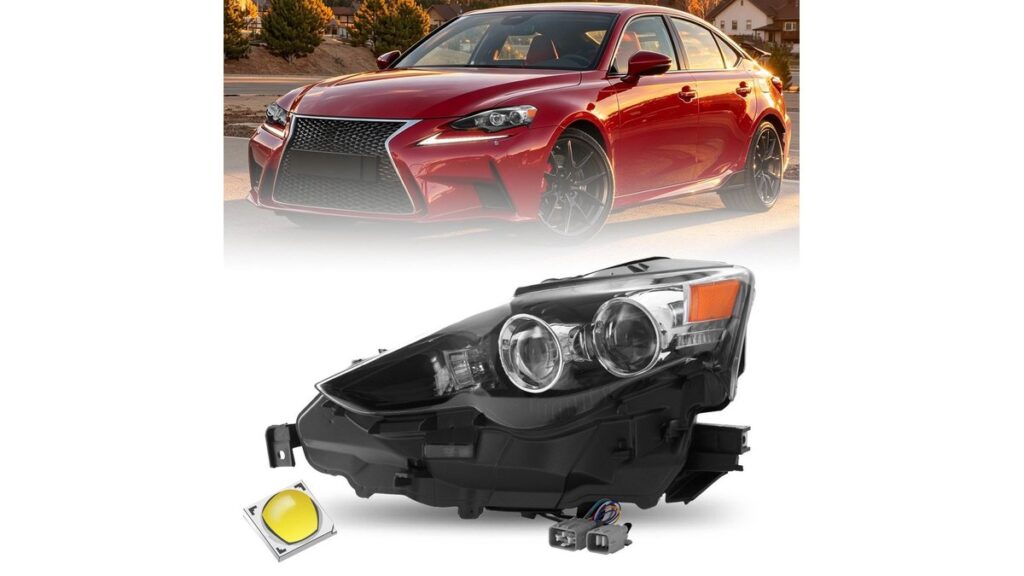 Pair of car LED headlight bulbs on a garage workbench