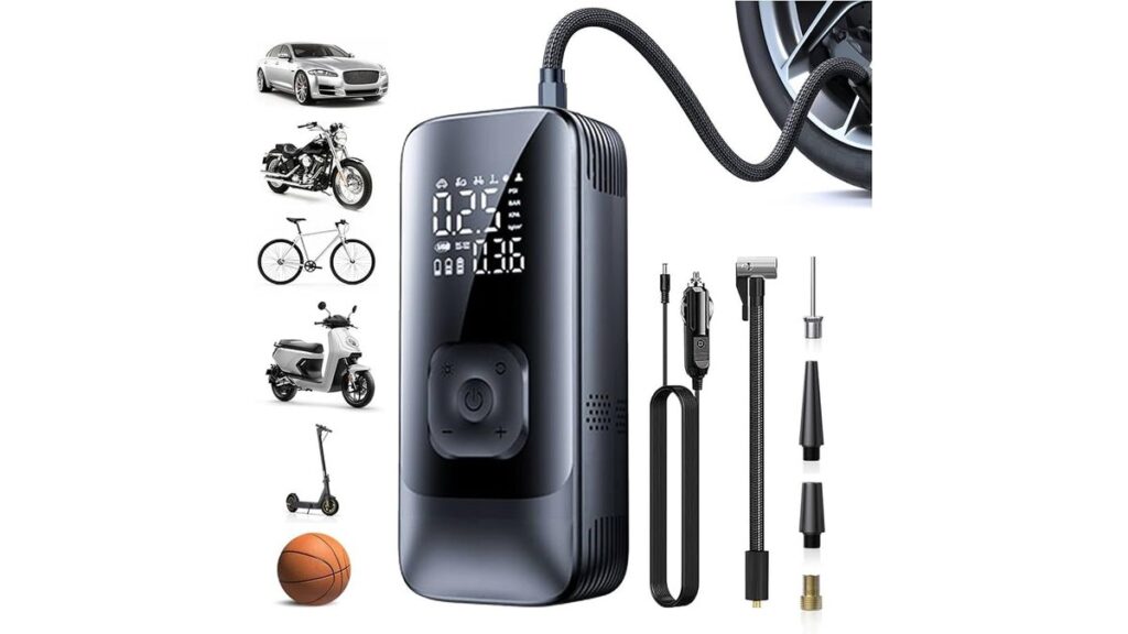 Portable tire inflator beside a silver Toyota Corolla wheel in a driveway