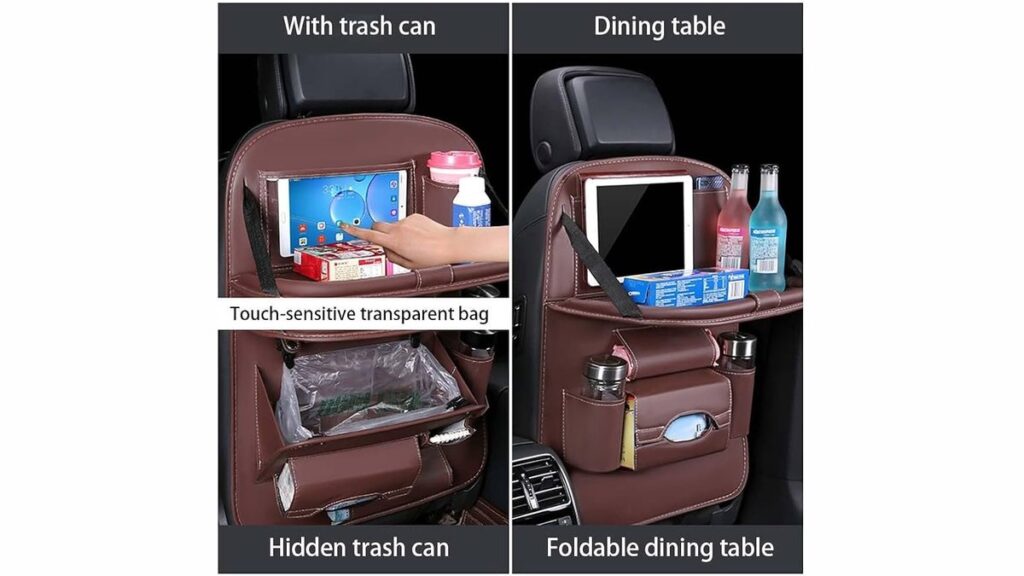 A practical backseat trash can installed in a clean Toyota Corolla interior.