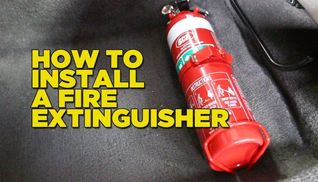 A secure car fire extinguisher bracket mounted inside a modern vehicle cabin.