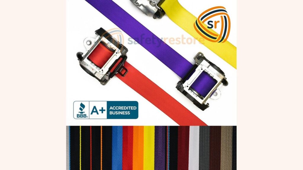 A secure pet seat belt harness sits on the passenger seat of a car.