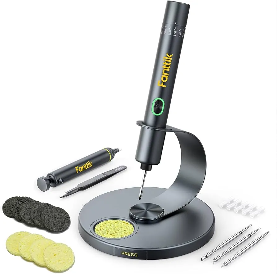 Soldering iron with pointed tip on thick wire with solder blob