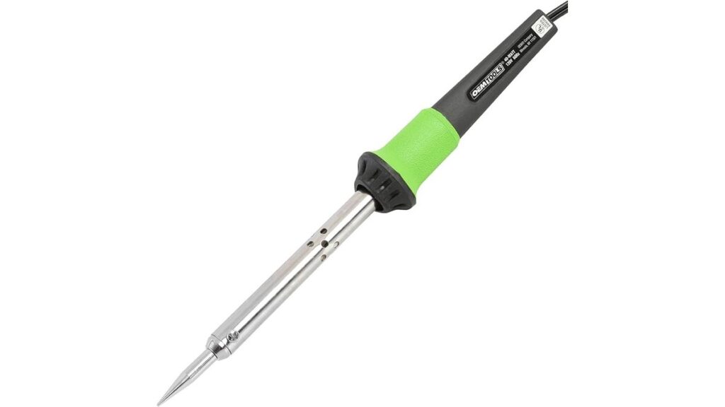 Soldering iron on a stand beside solder and automotive wire on a workbench