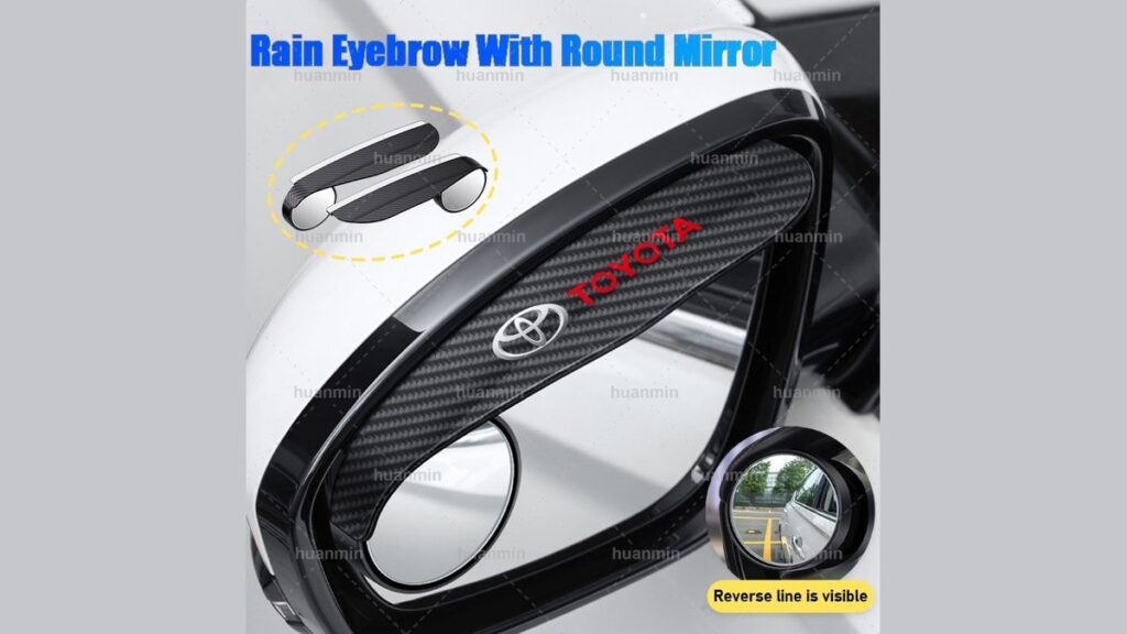 Toyota Corolla side mirror with rain visor deflecting water droplets on a cloudy day