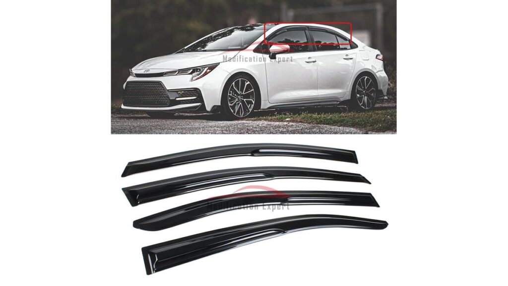 Toyota Corolla with window rain guards during light rain on a suburban street