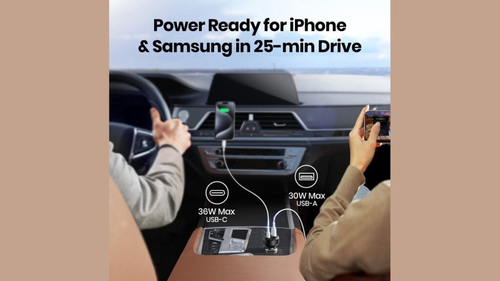 USB-C car charger plugged into a modern car's centre console socket